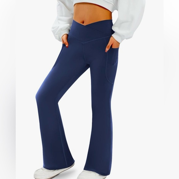 Pants - Navy Blue Flare Yoga Pants High Waisted Crossover Bootcut Leggings w Pockets
